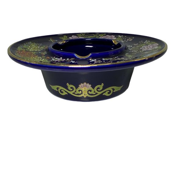 VTG Japan Cobalt Blue Ceramic Ashtray Trinket Dish Floral Collectible - Picture 2 of 9